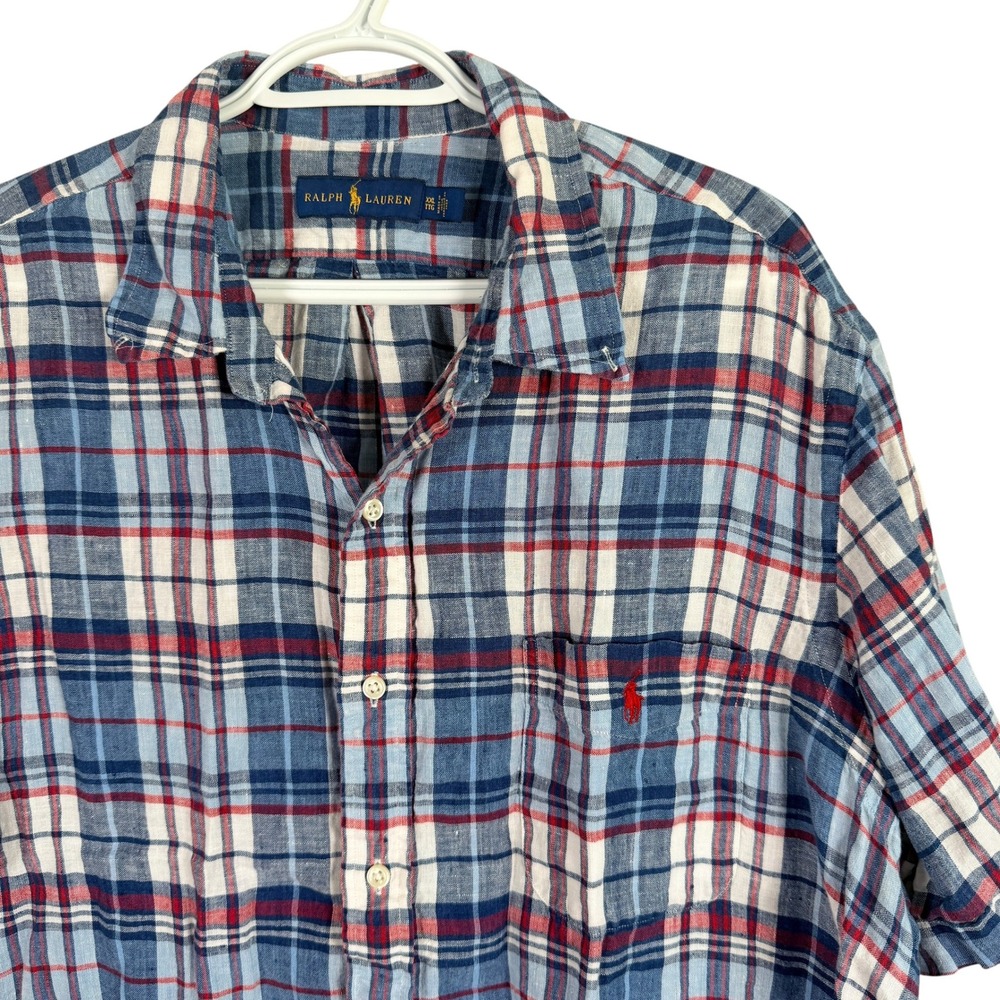 Ralph Lauren 100% Linen Button Up Shirt Mens XXL Blue Red Plaid‎ Short Sleeve